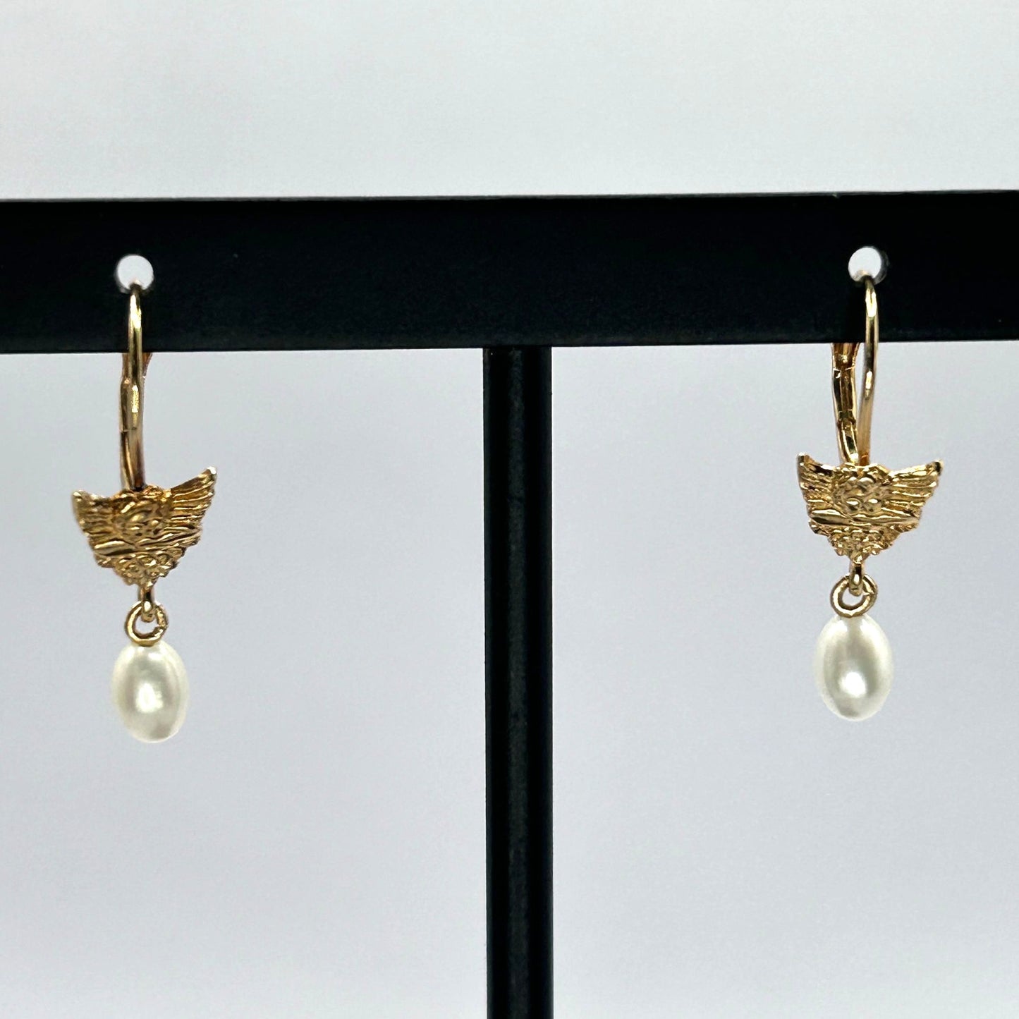 14k Yellow Gold Angel Dangle Pearl Earrings w French Clip Safety Closure