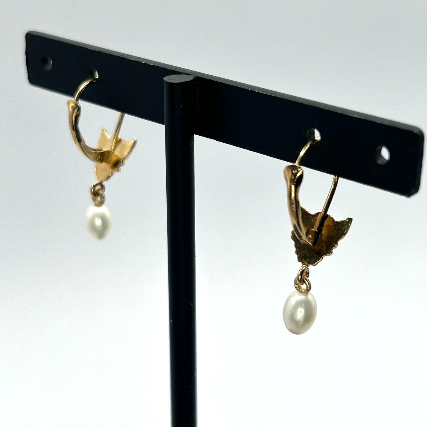 14k Yellow Gold Angel Dangle Pearl Earrings w French Clip Safety Closure