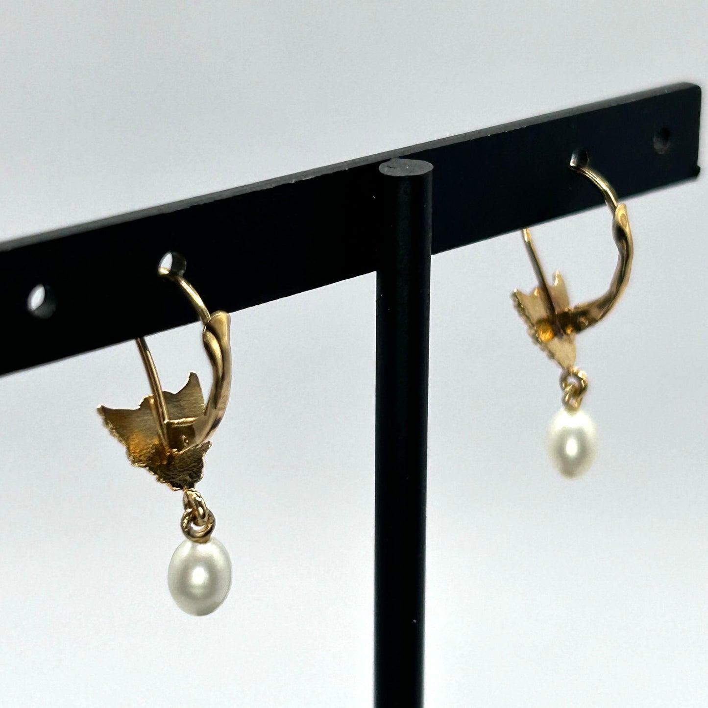 14k Yellow Gold Angel Dangle Pearl Earrings w French Clip Safety Closure