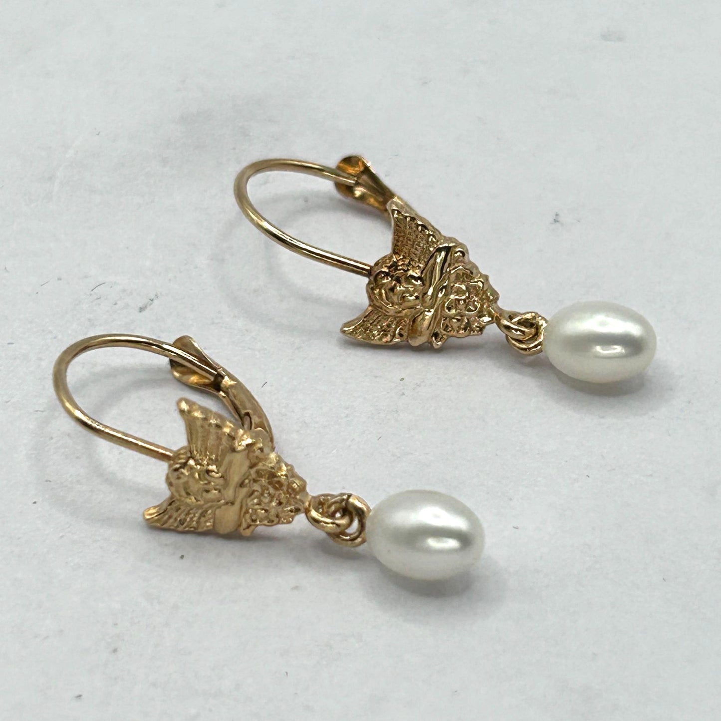 14k Yellow Gold Angel Dangle Pearl Earrings w French Clip Safety Closure
