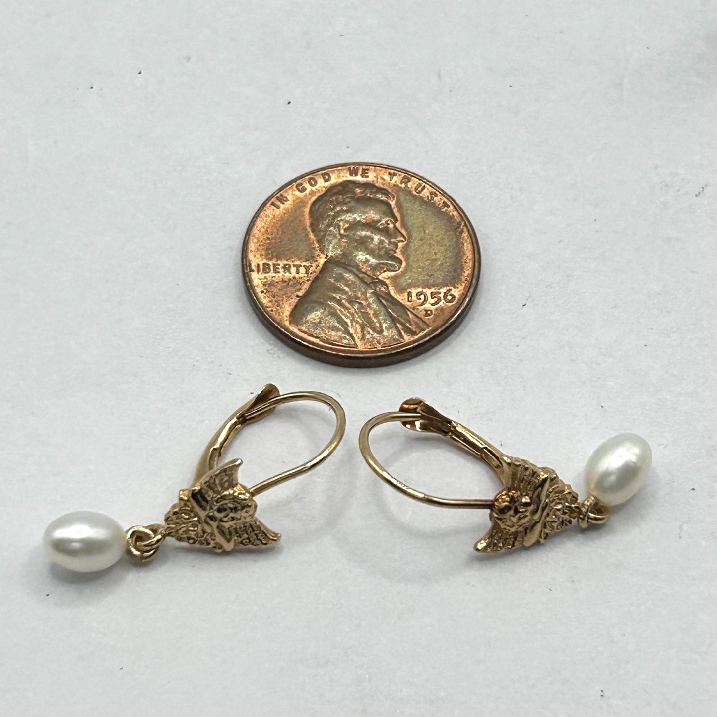 14k Yellow Gold Angel Dangle Pearl Earrings w French Clip Safety Closure
