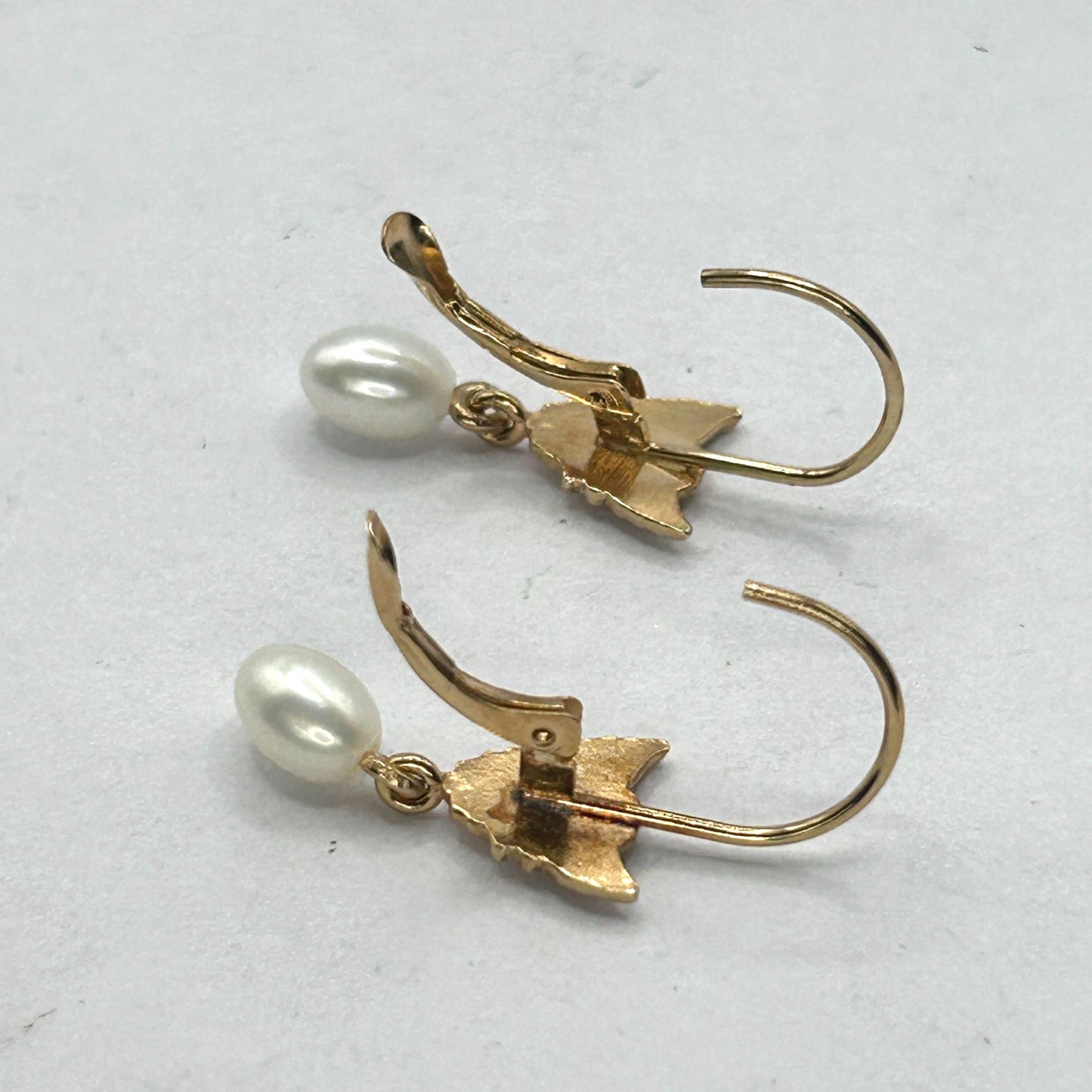 14k Yellow Gold Angel Dangle Pearl Earrings w French Clip Safety Closure