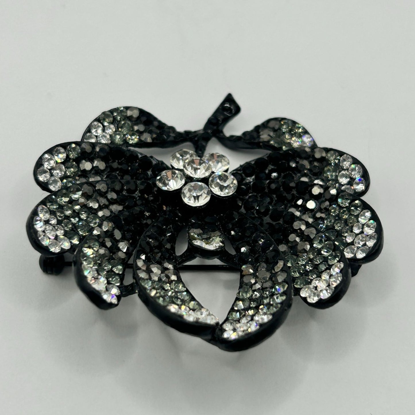 Vintage Rhinestone Flower Leaf Brooch Black and Clear Rhinestones
