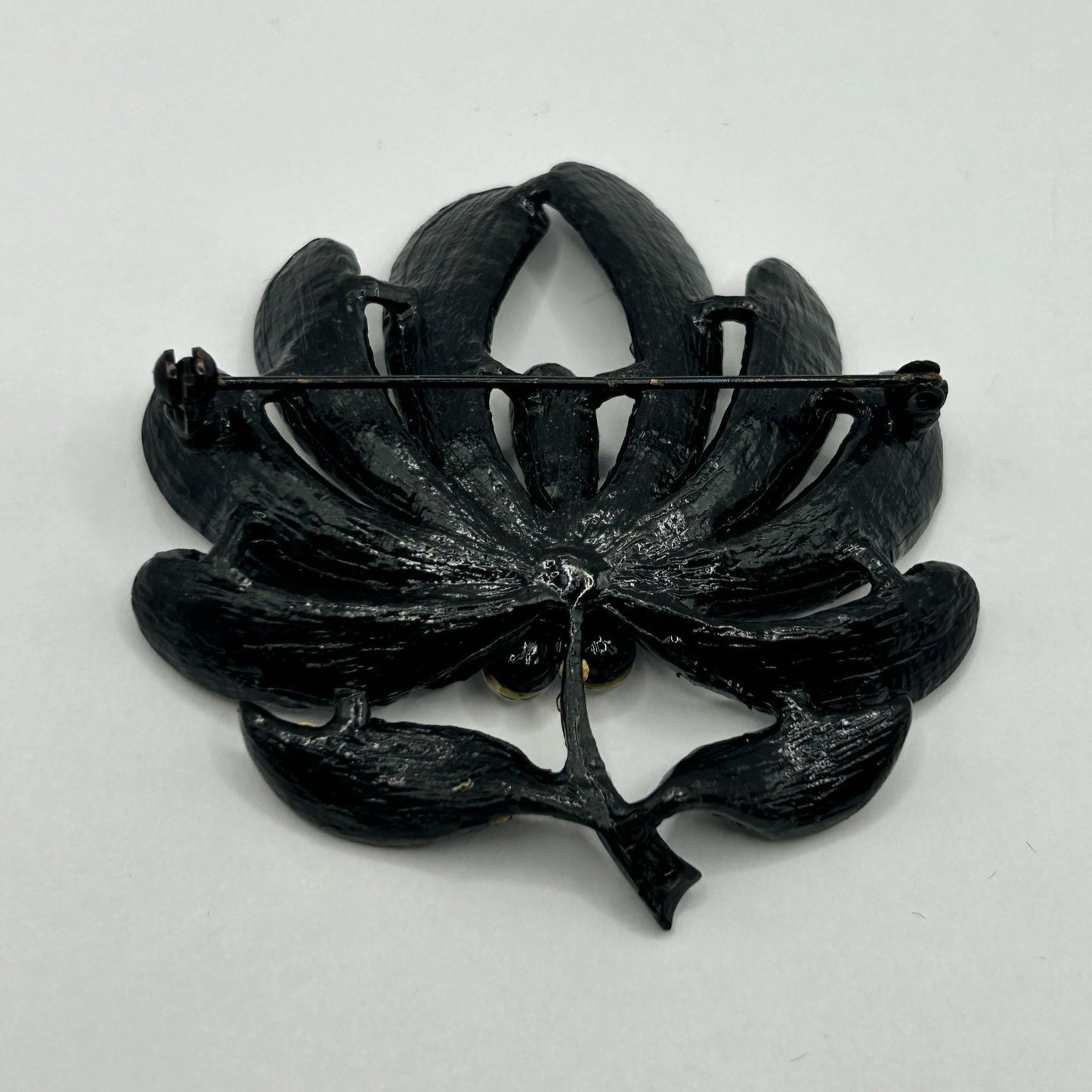 Vintage Rhinestone Flower Leaf Brooch Black and Clear Rhinestones