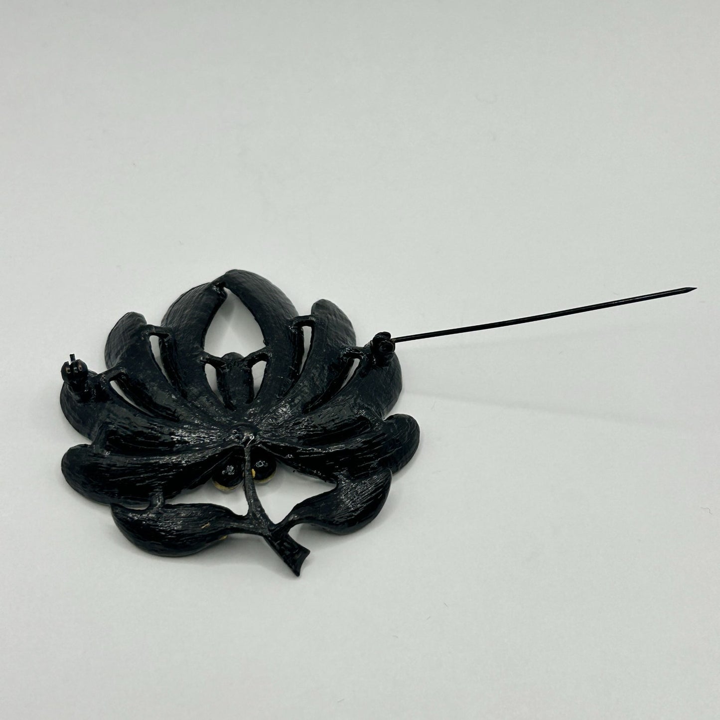 Vintage Rhinestone Flower Leaf Brooch Black and Clear Rhinestones