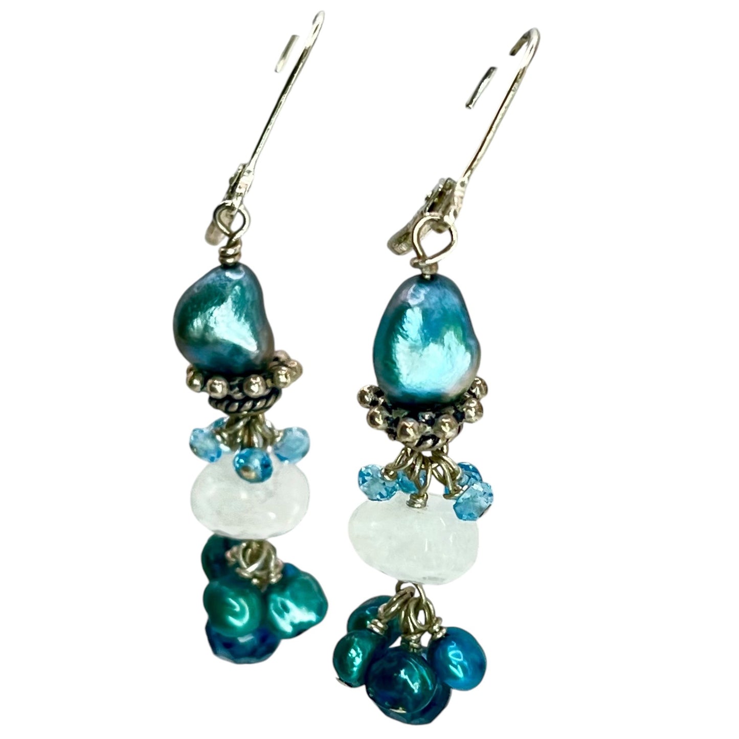 Sterling Silver Beaded Pearl Drop Dangle Earrings Colorful Mermaidcore Coastal