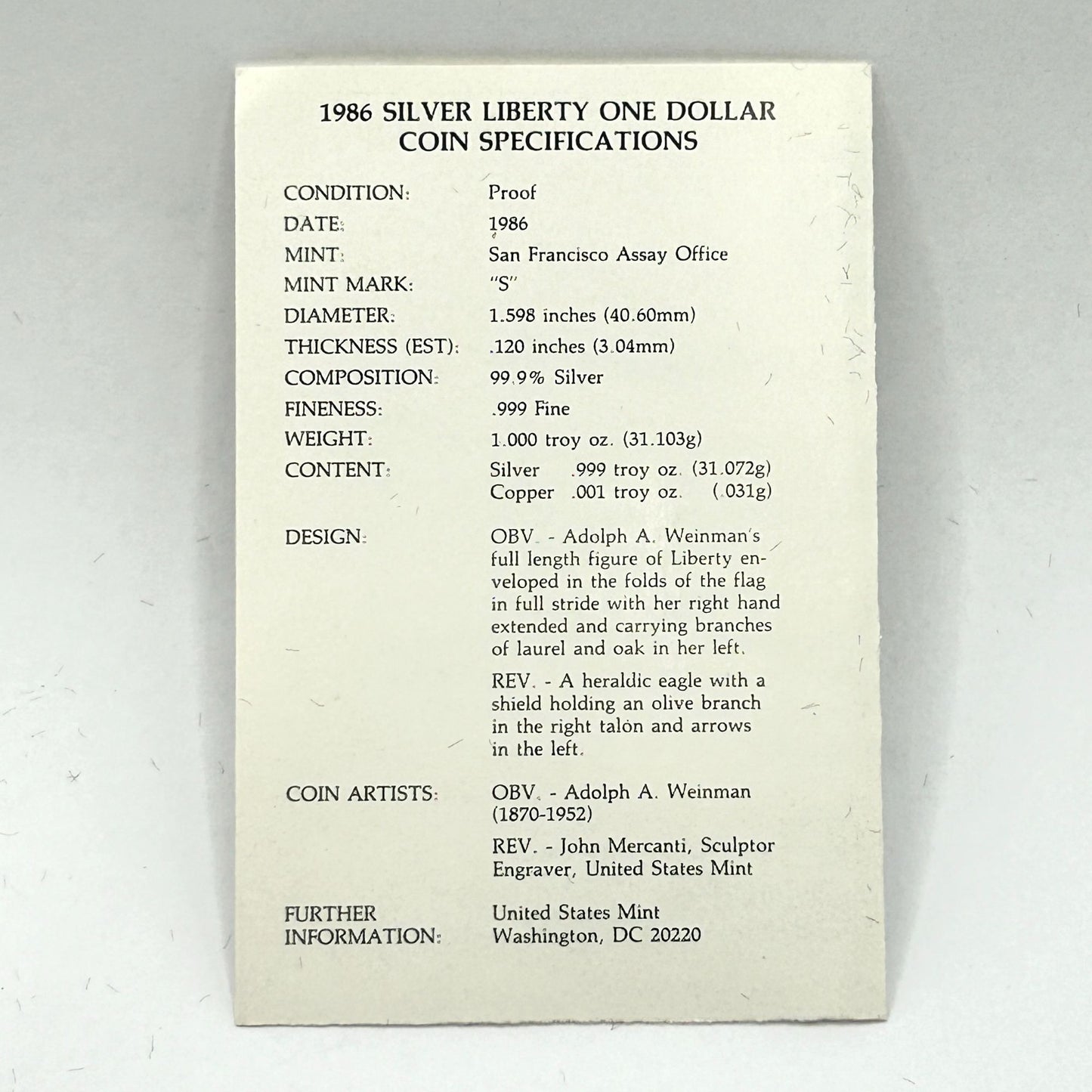 1986-S American Silver Eagle Proof in Original Government Packaging With COA