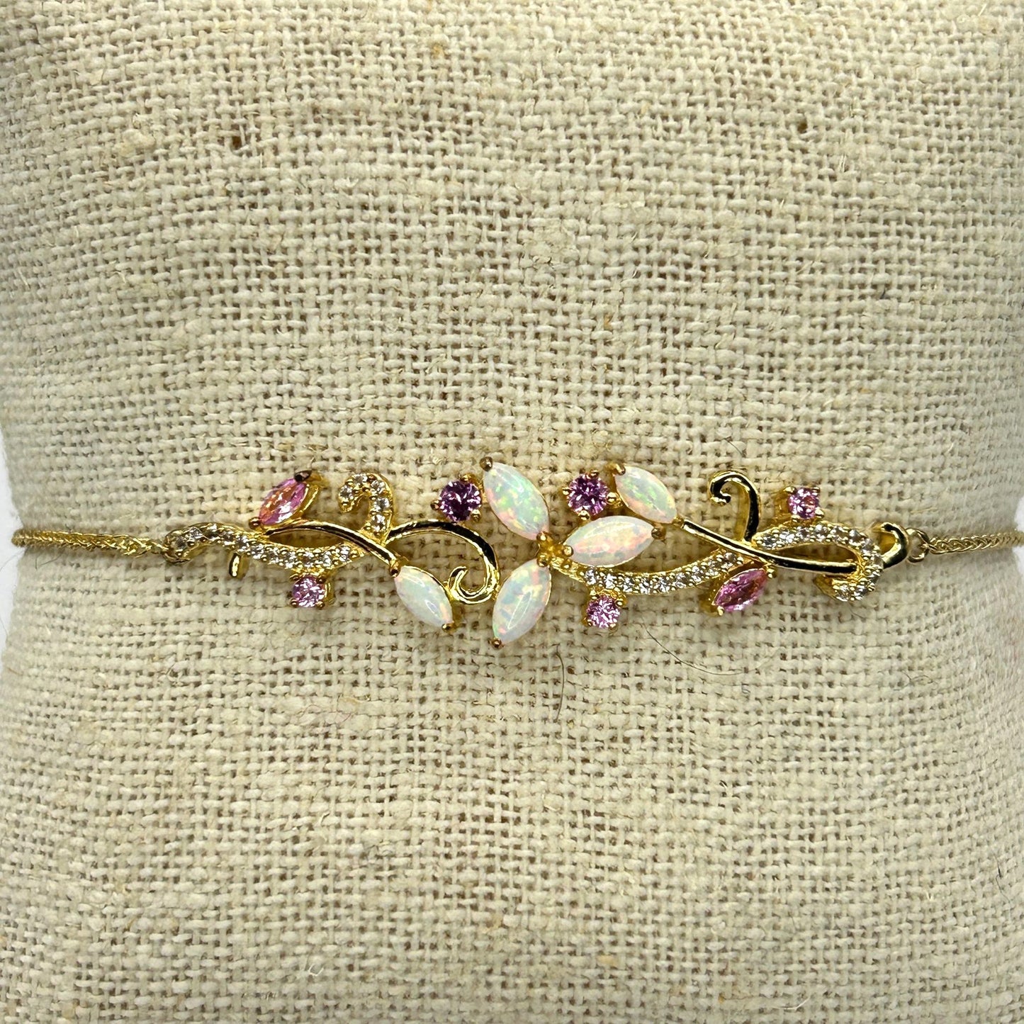 925 Sterling Silver Gold-Toned Opal, Pink Zircon and Pave CZ Slider Bracelet