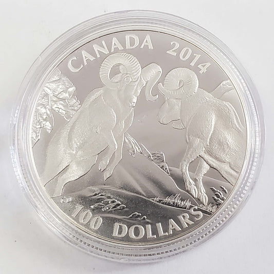 Royal Canadian Mint 2014 $100 1 oz .999 Fine Silver Bighorn Sheep Coin w/Box
