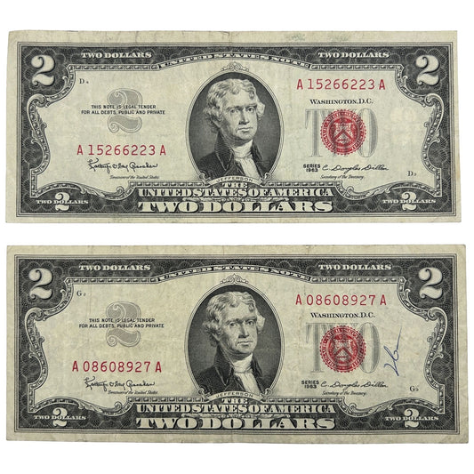 LOT OF 2 1963 Red Seal $2 Bill Banknotes - Circulated