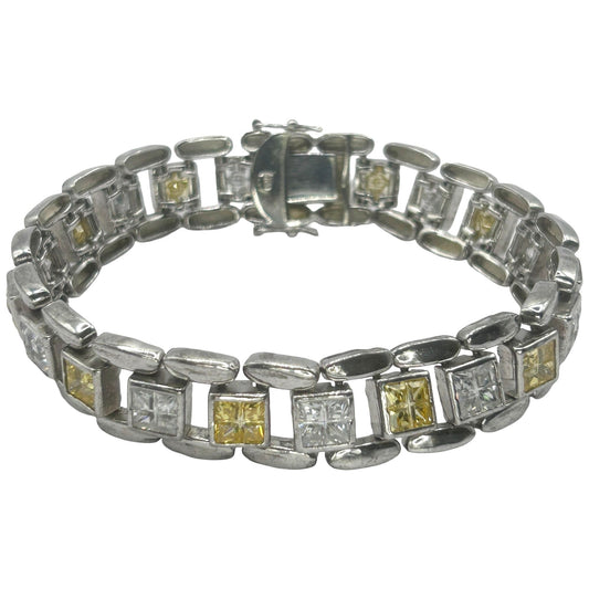 925 Sterling Silver 9" Tennis Bracelet with Square White & Yellow Cubic Zirconia