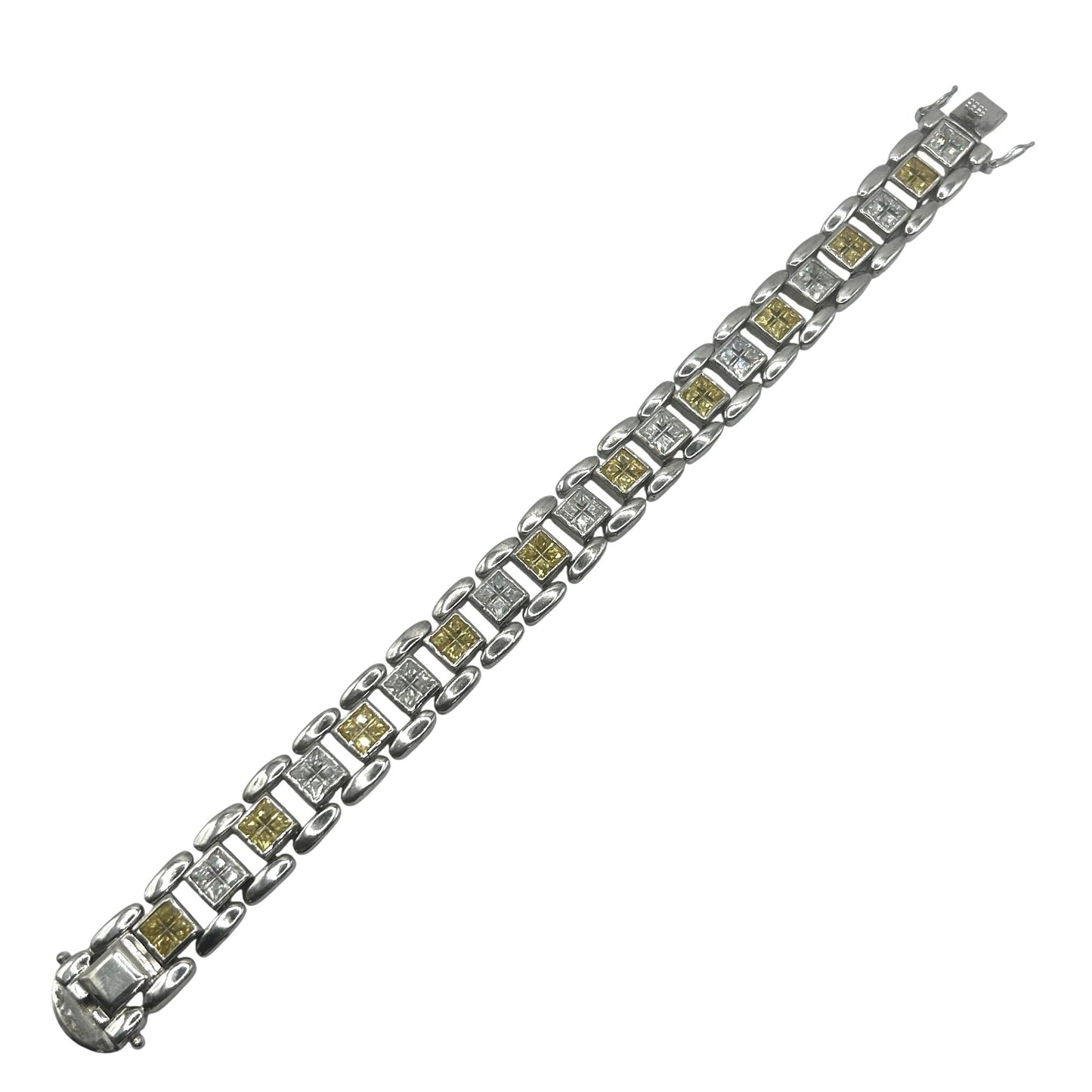 925 Sterling Silver 9" Tennis Bracelet with Square White & Yellow Cubic Zirconia