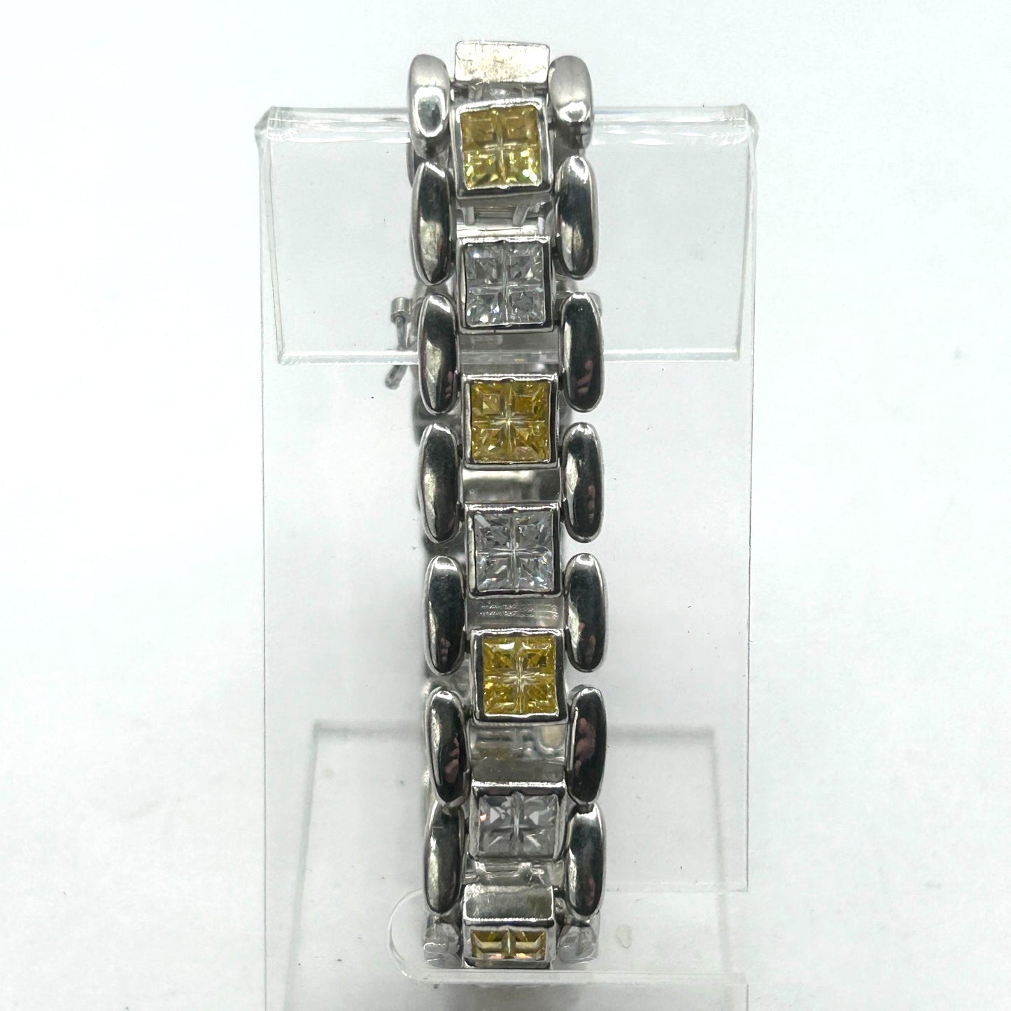 925 Sterling Silver 9" Tennis Bracelet with Square White & Yellow Cubic Zirconia