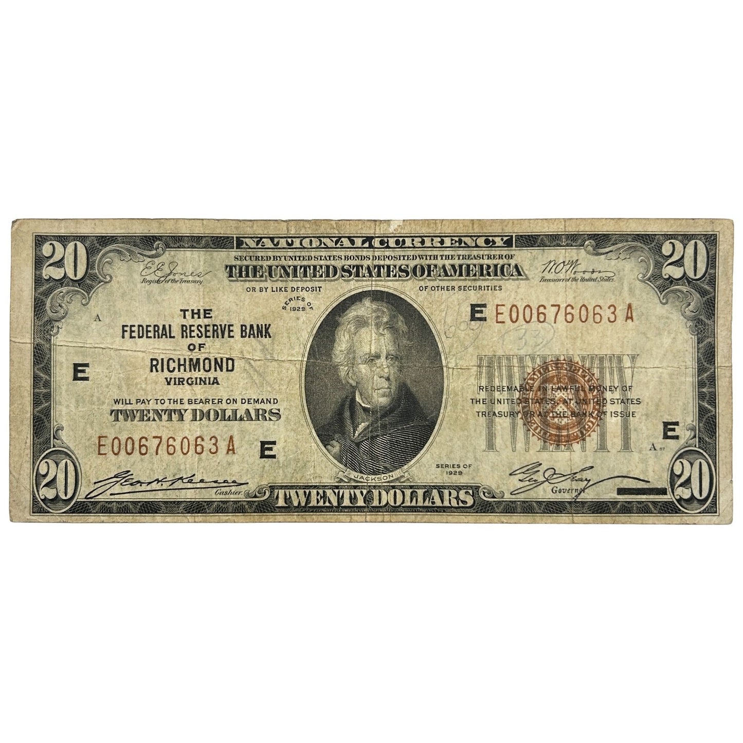 1929 $20 National Currency - Federal Reserve Bank of Richmond Virginia