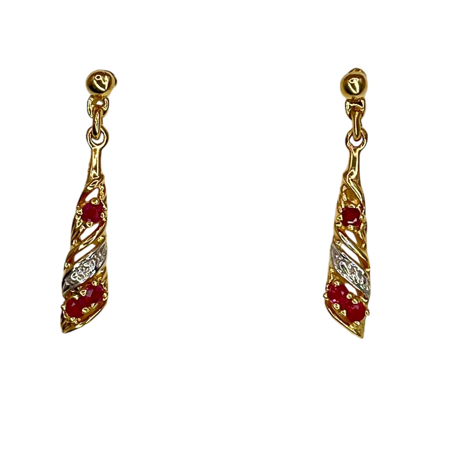 14K Yellow Gold Ruby Diamond Chip Dangle Drop Earrings Formal Statement Colorful