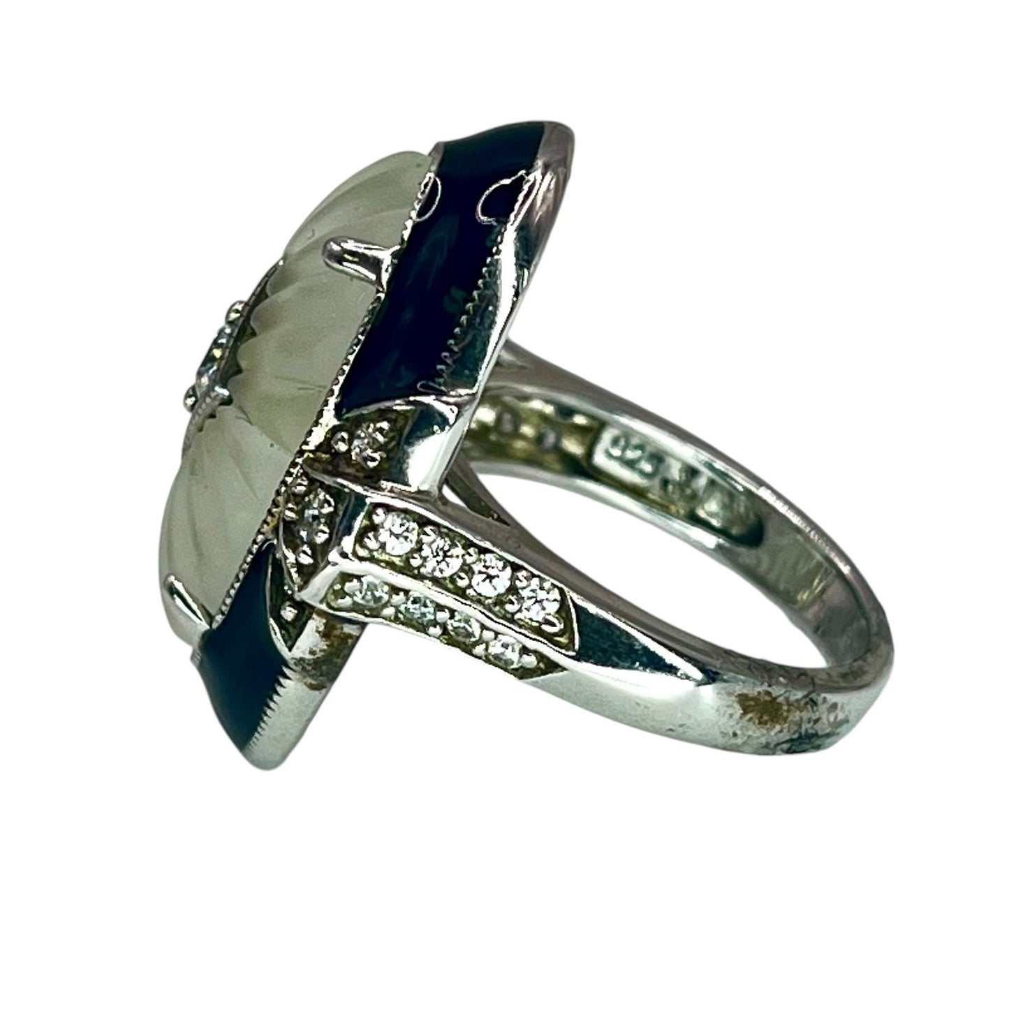 Victoria Wieck 925 Silver Art Deco Victorian Style CZ Ring Size 5 Black Enamel