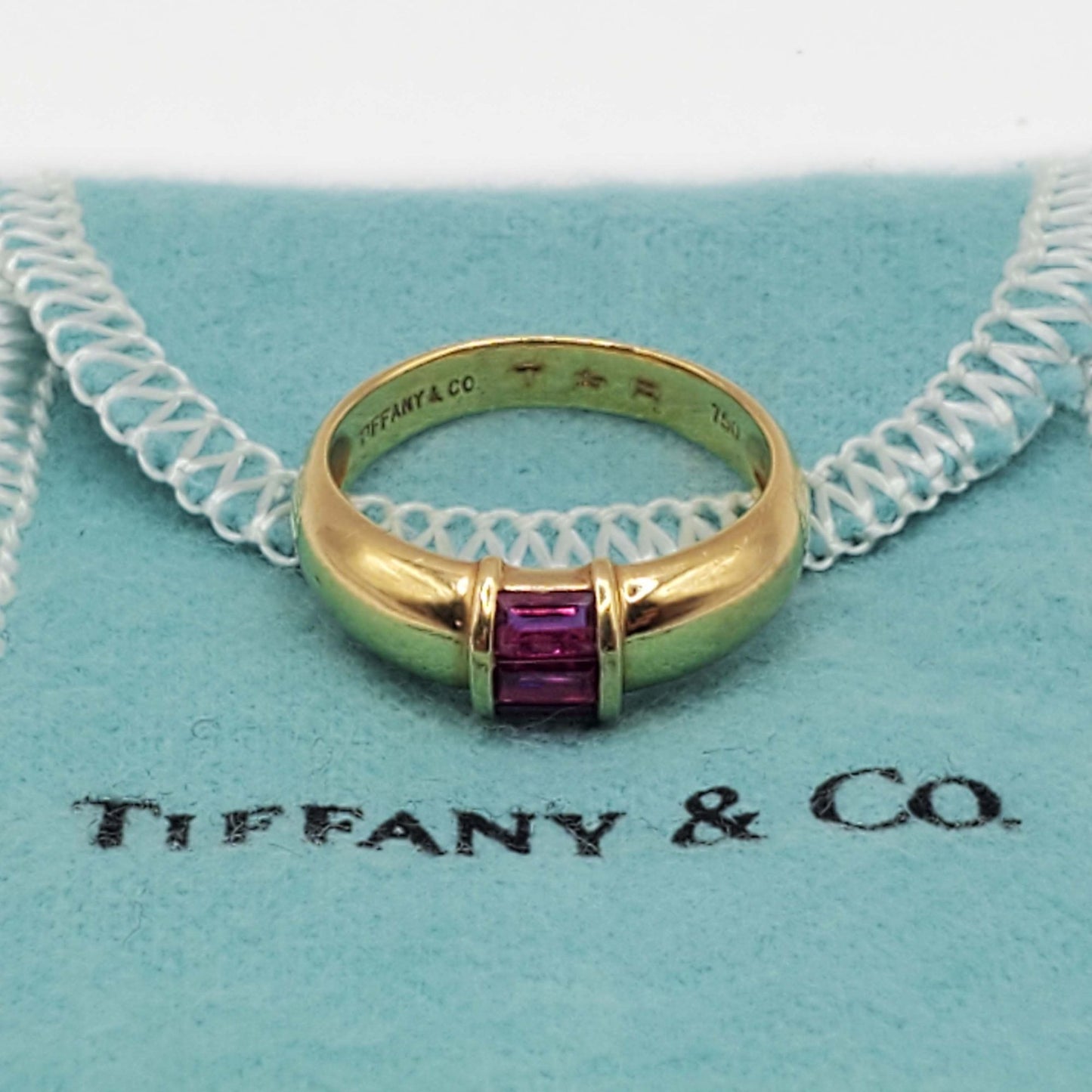 Tiffany & Co 3-Stone Baguette Ruby Ring 18k Gold Size 6.5