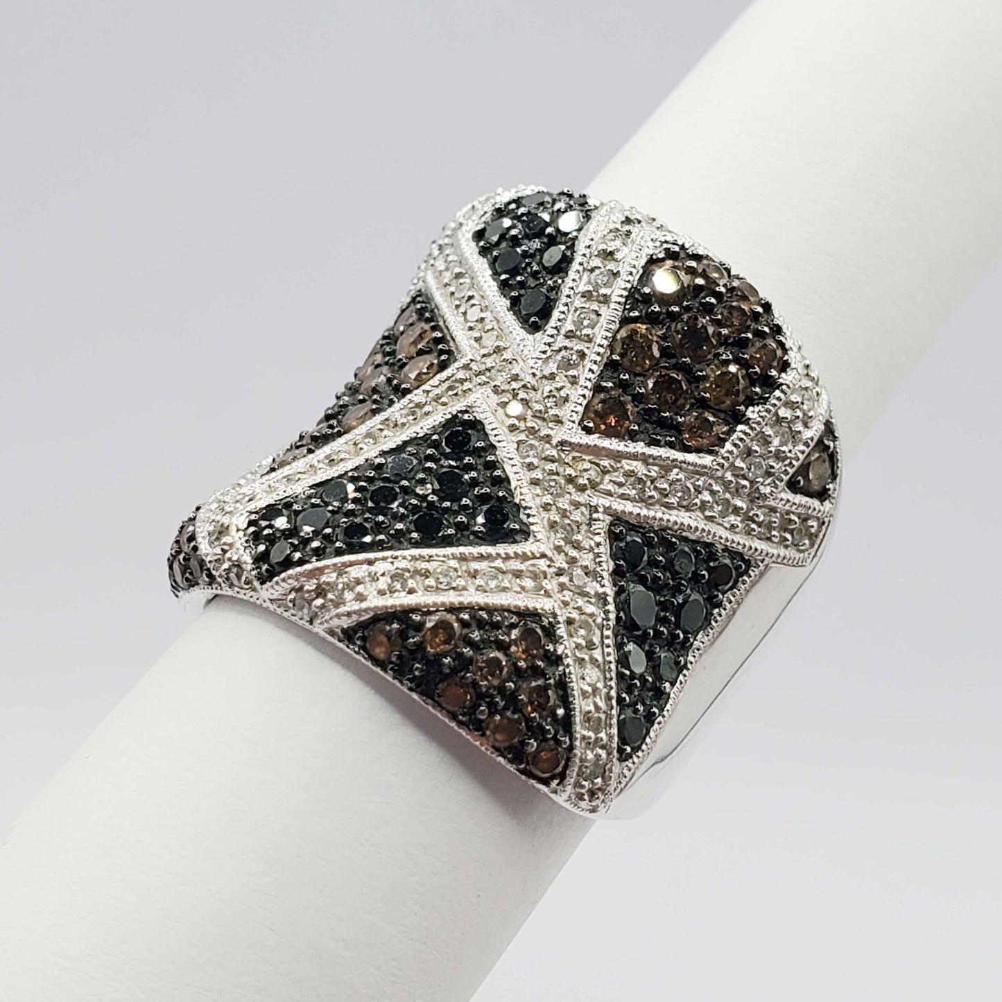 1.92 ctw Chocolate Black & White Diamond Cigar Ring 14k White Gold Size 8.5