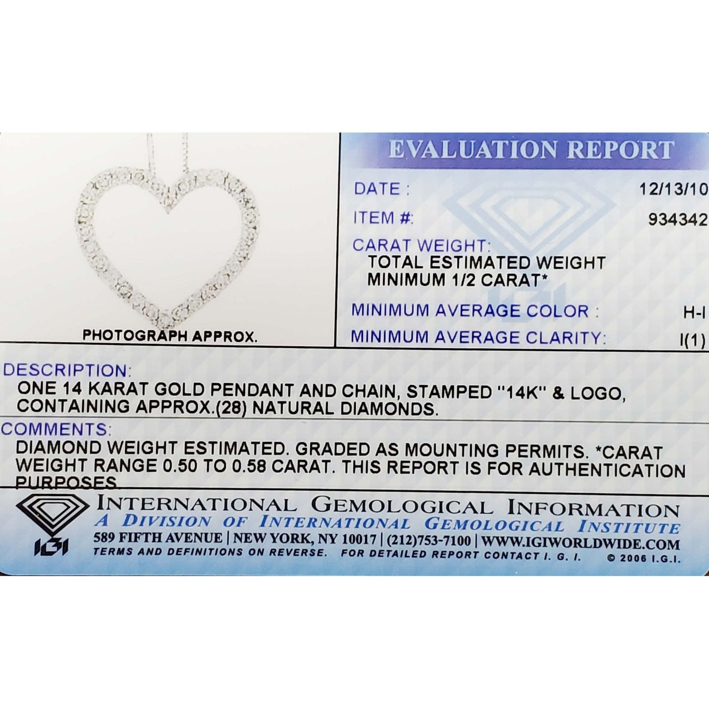 0.50 ctw Natural Diamond Open Heart Pendant Necklace 14k White Gold w/IGI Report