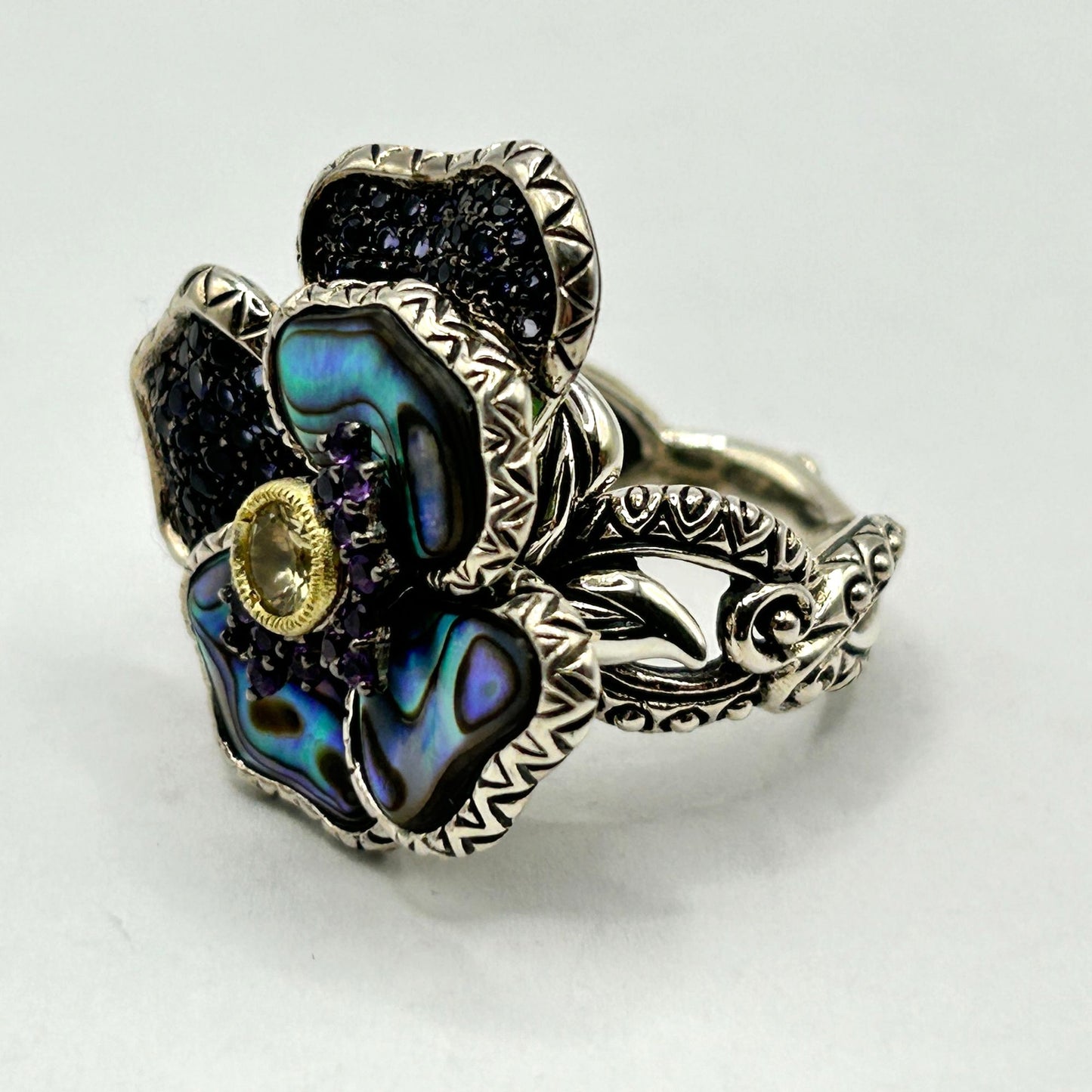 Barbara Bixby Sterling Silver & 18K Abalone and Gemstone Pansy Ring Size 7.5