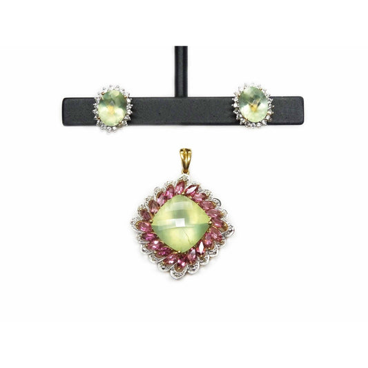 Chalcedony Pendant & Earrings 10k Gold w/Pink Tourmaline, White Topaz, Diamond