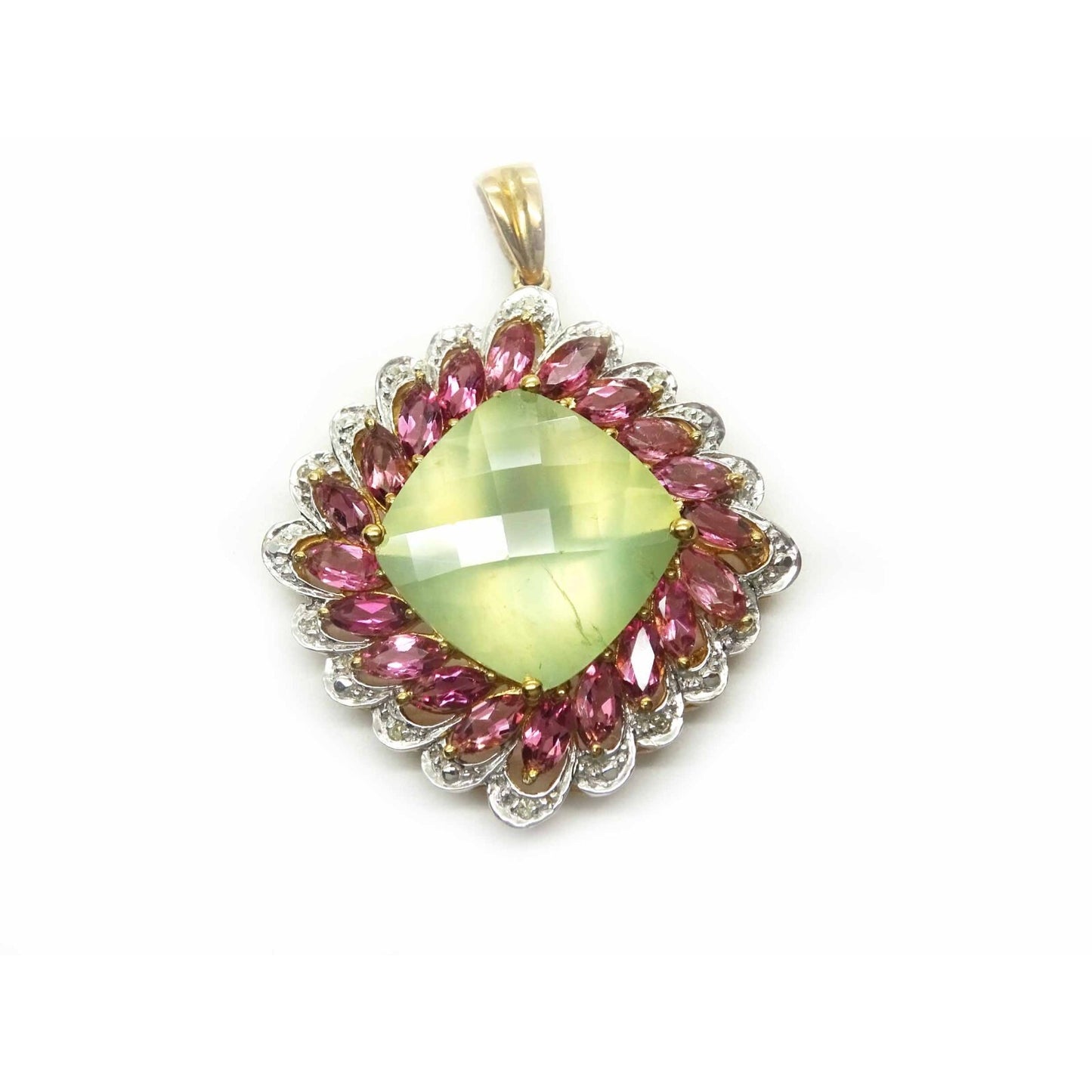 Chalcedony Pendant & Earrings 10k Gold w/Pink Tourmaline, White Topaz, Diamond