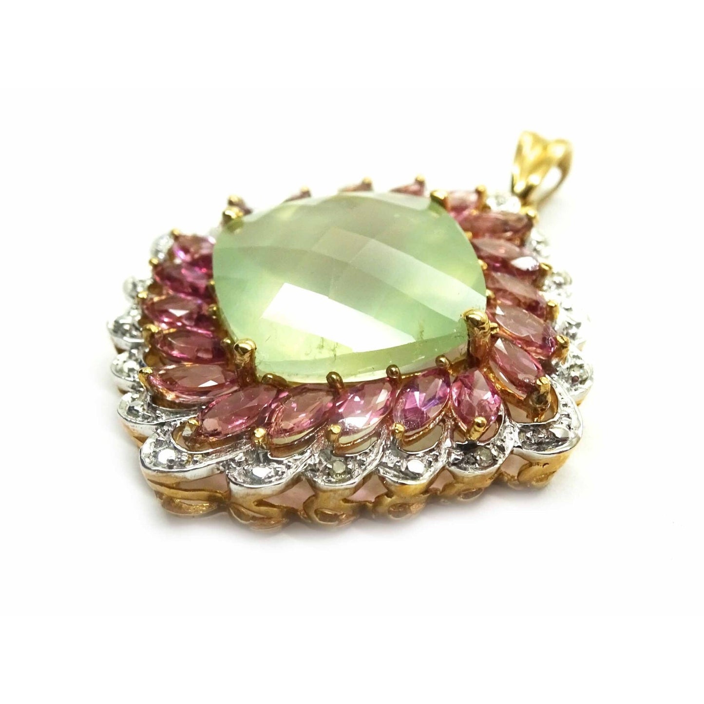 Chalcedony Pendant & Earrings 10k Gold w/Pink Tourmaline, White Topaz, Diamond