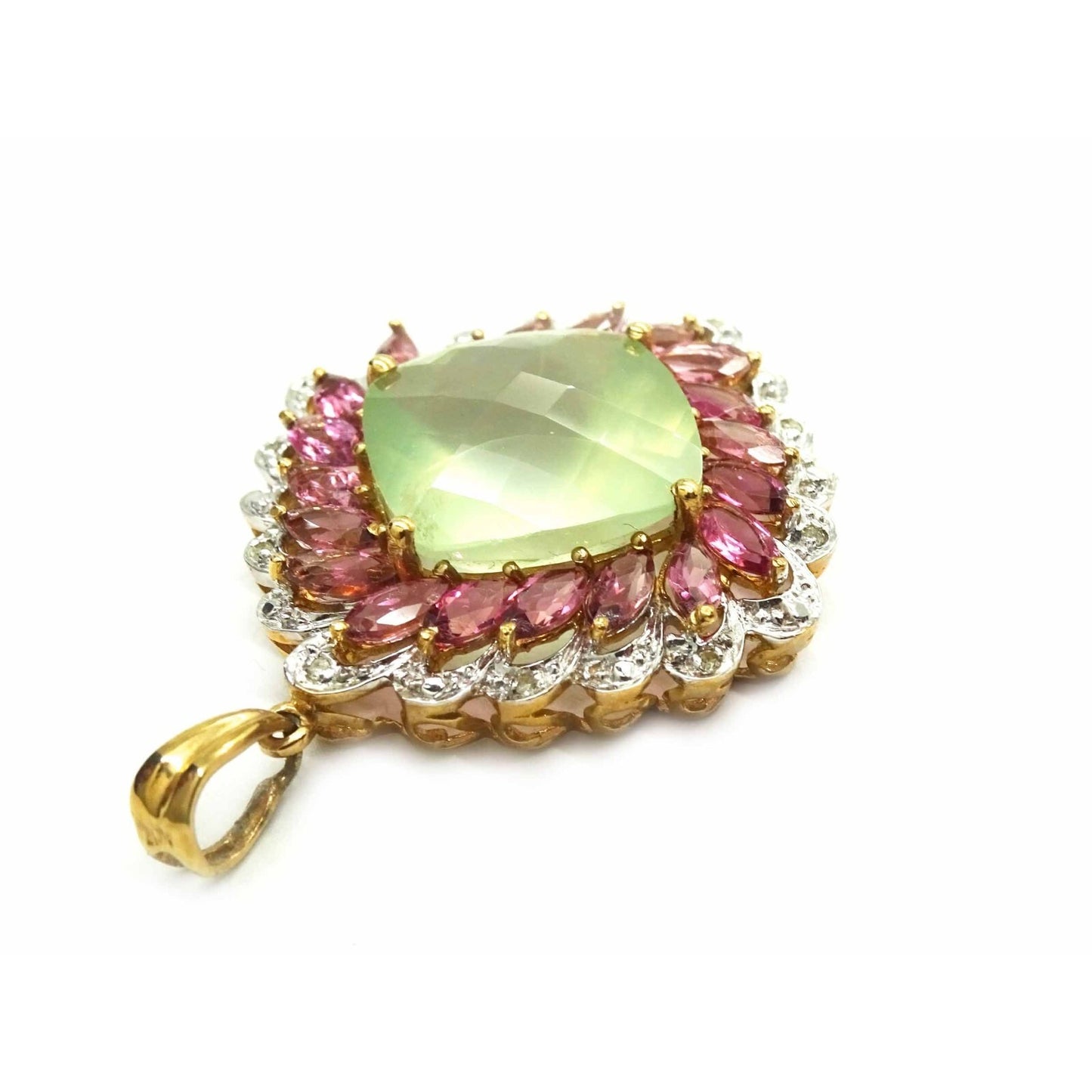 Chalcedony Pendant & Earrings 10k Gold w/Pink Tourmaline, White Topaz, Diamond