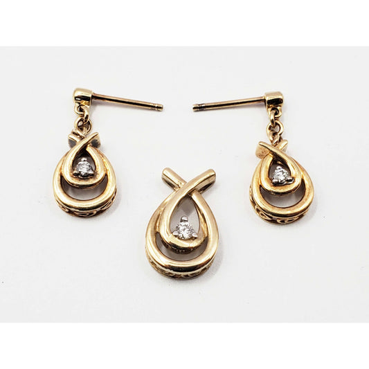 0.17 ctw Diamond Drop Earrings & Charm Pendant Set 10k Gold
