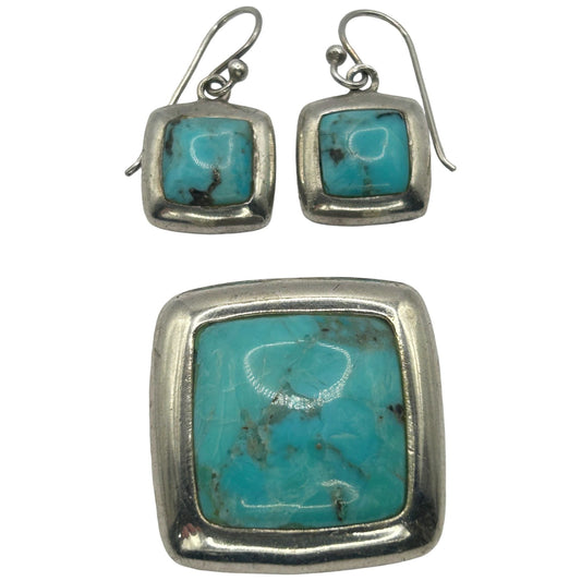 Barse 925 Sterling Silver Turquoise Necklace Pendant & Drop Earrings Set