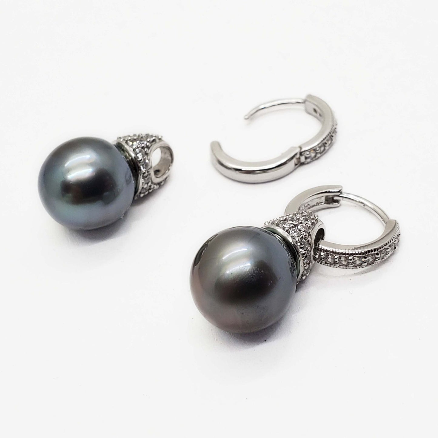 Cultured 10mm Tahitian Pearl & CZ Dangle Earrings Sterling Silver