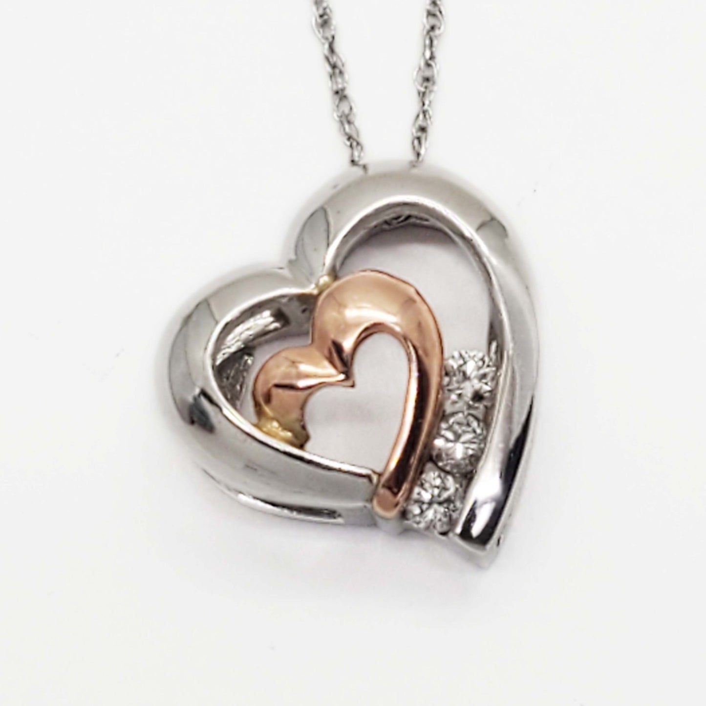 Diamond Two-Tone Double Open Heart Charm Pendant 10k Rose & White Gold