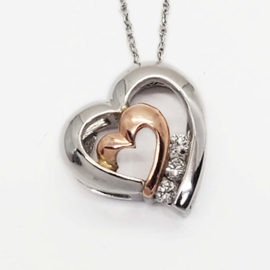 Diamond Two-Tone Double Open Heart Charm Pendant 10k Rose & White Gold