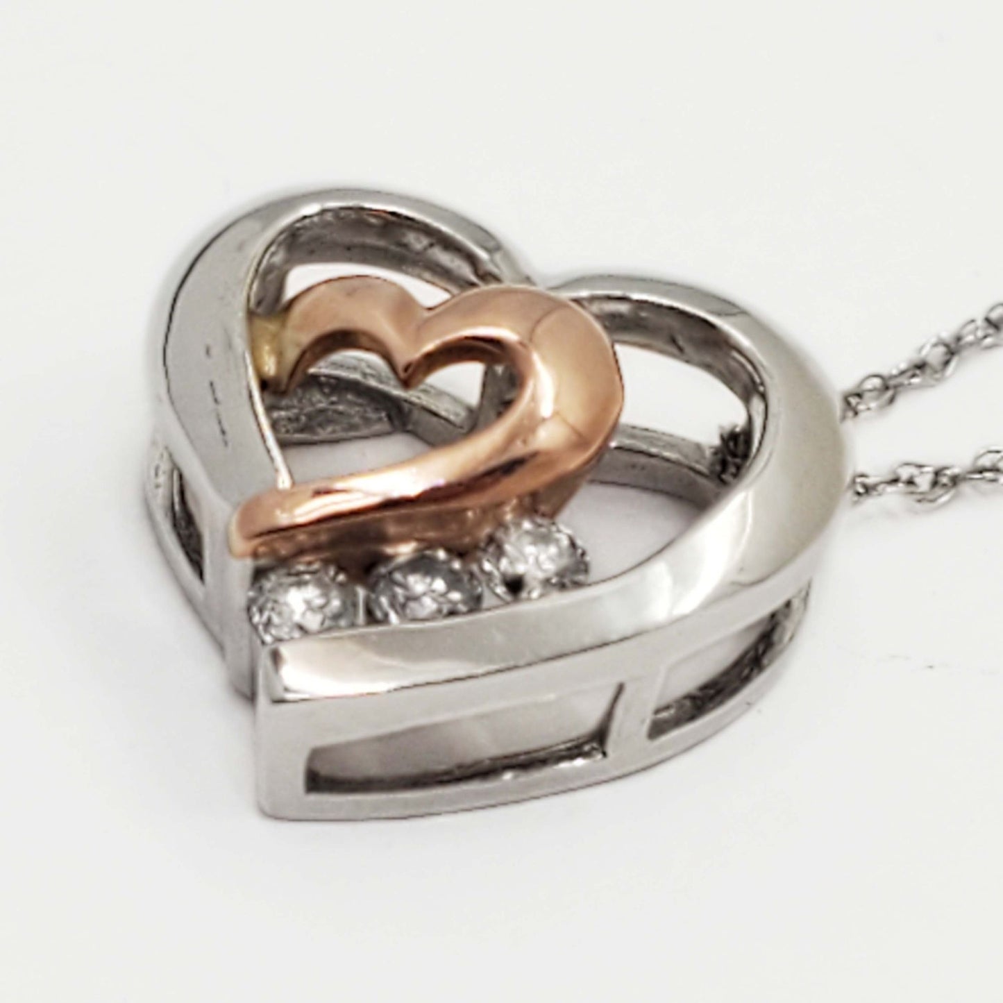 Diamond Two-Tone Double Open Heart Charm Pendant 10k Rose & White Gold