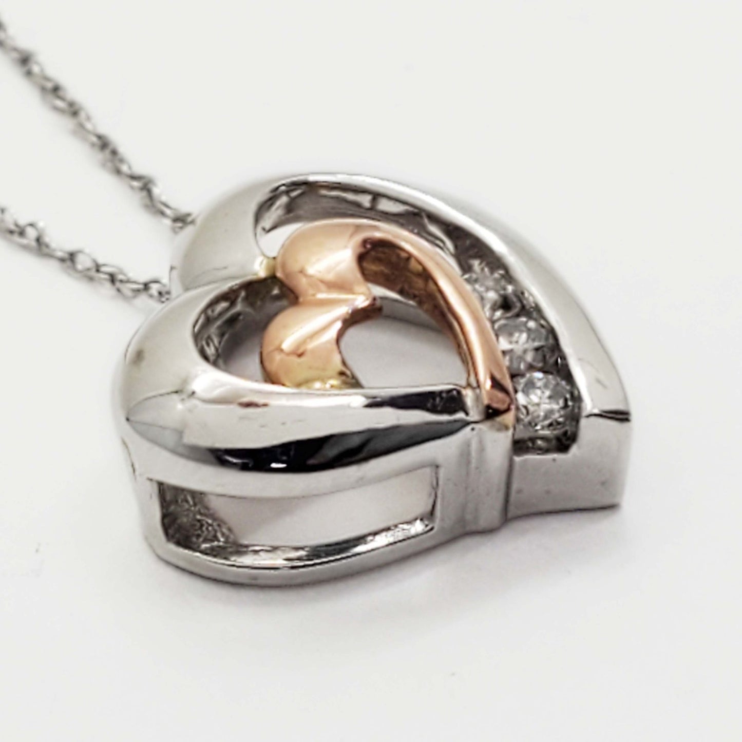 Diamond Two-Tone Double Open Heart Charm Pendant 10k Rose & White Gold