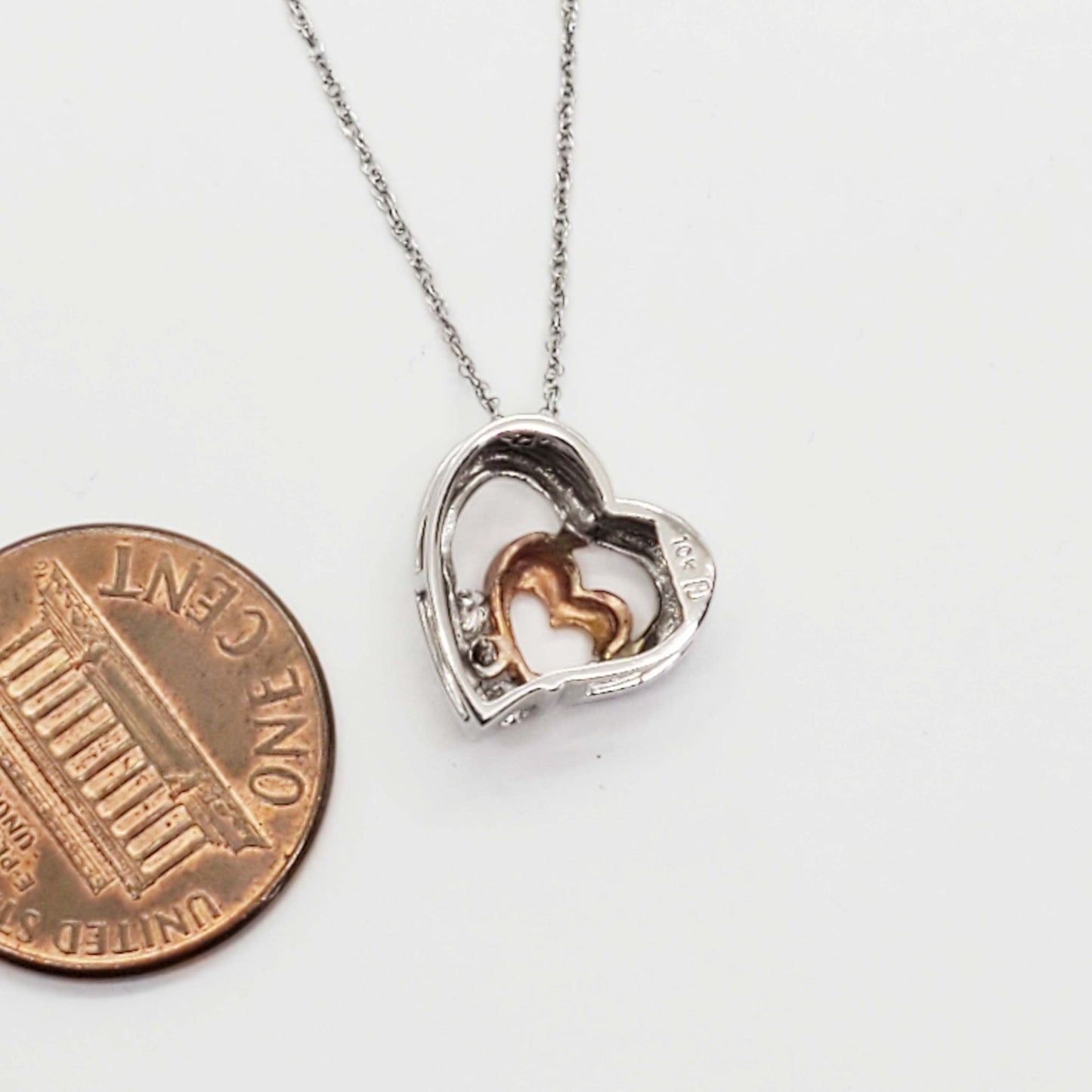 Diamond Two-Tone Double Open Heart Charm Pendant 10k Rose & White Gold