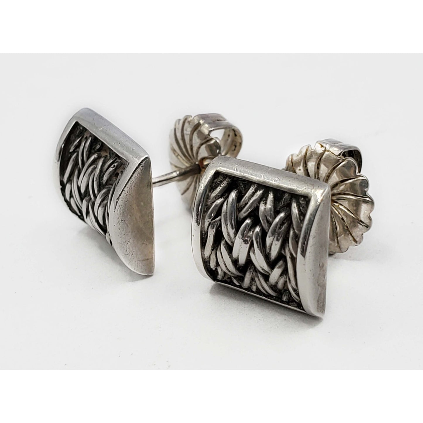 Lois Hill Designer 11.5mm Curved Textile Weave Stud Earrings Sterling Silver
