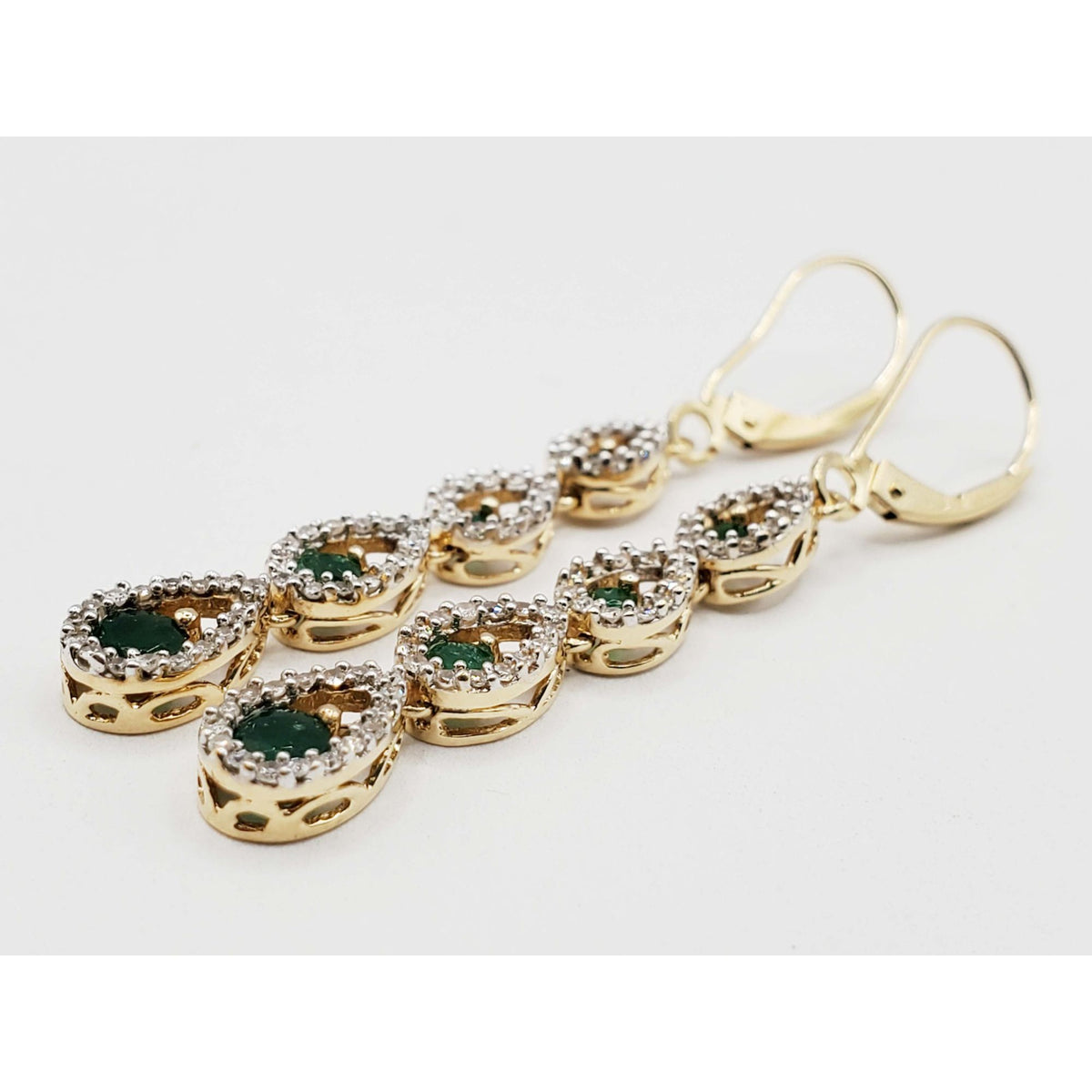 Natural Emerald & Diamond Chandelier Style Dangle Earrings 14k Gold