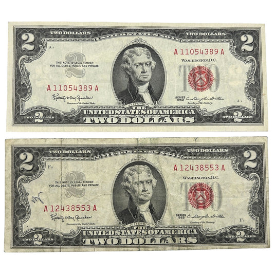 LOT OF 2 1963 Red Seal $2 Bill Banknotes - Circulated