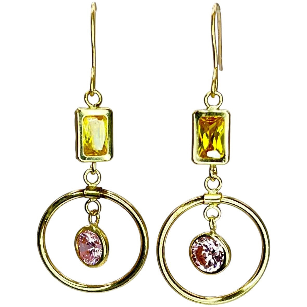 14k Yellow Gold Circle Dangle Drop Earrings Citrine Pink Topaz Round Colorful