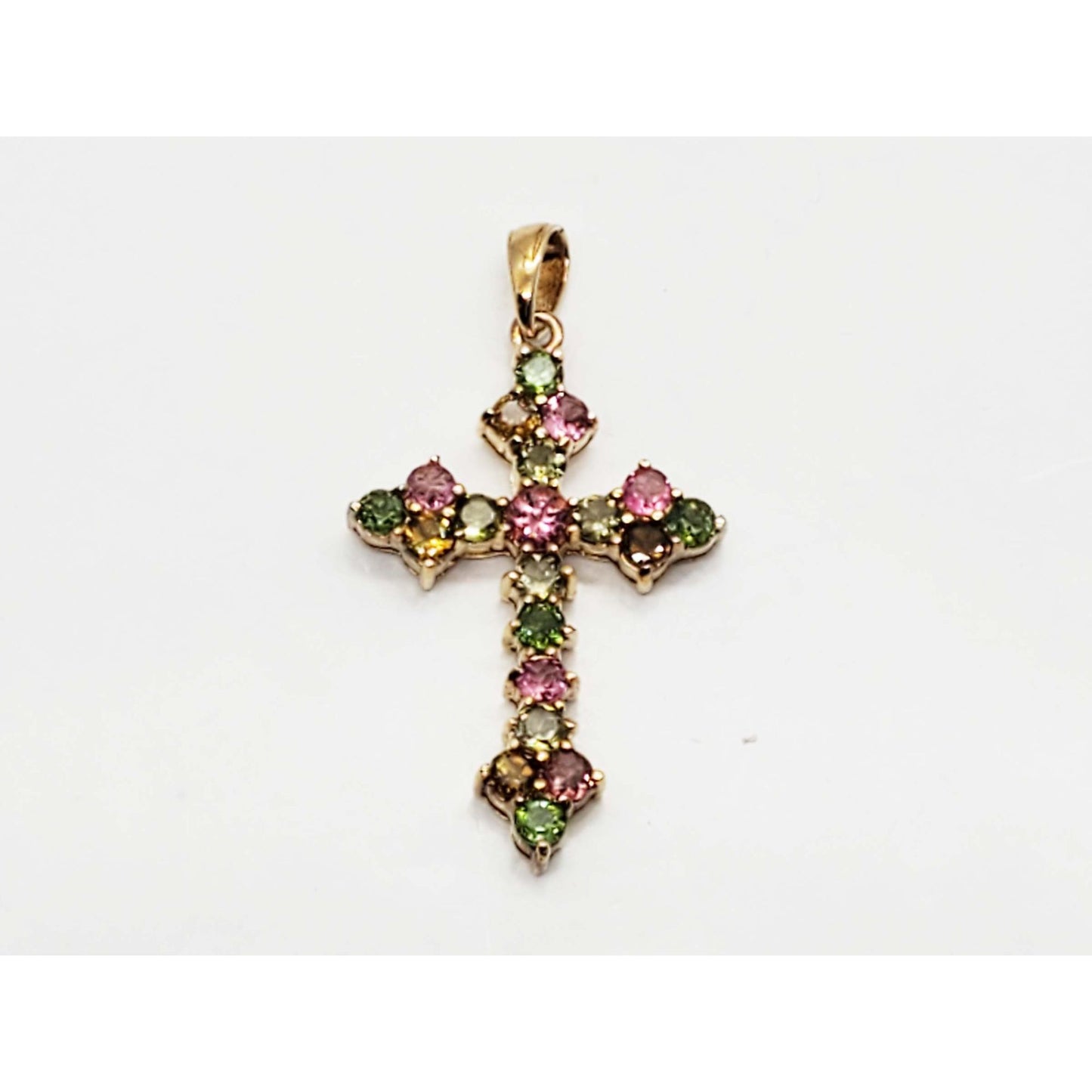 Green Tourmaline Pink Citrine Smoky Topaz Cross Pendant Vermeil Sterling Silver