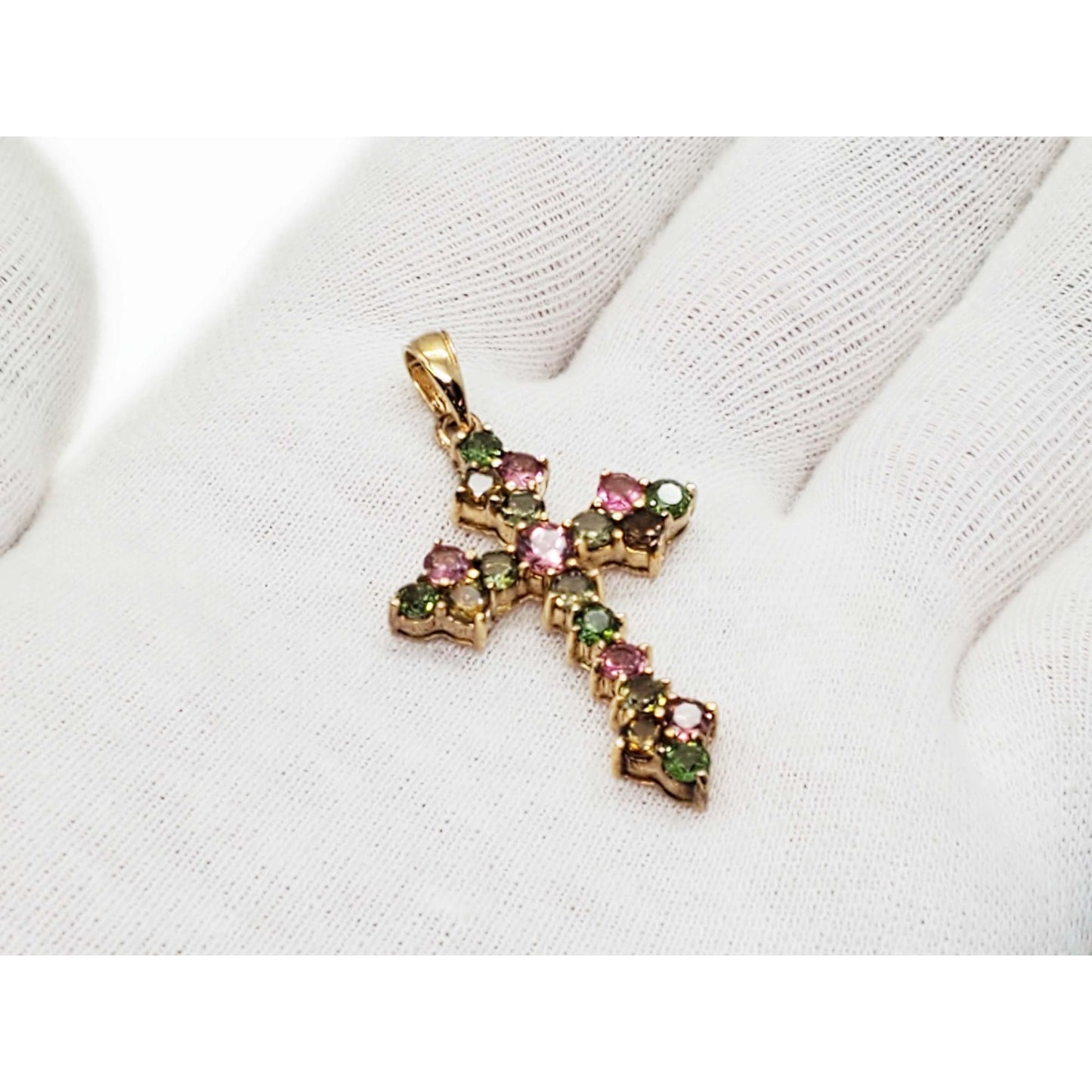 Green Tourmaline Pink Citrine Smoky Topaz Cross Pendant Vermeil Sterling Silver