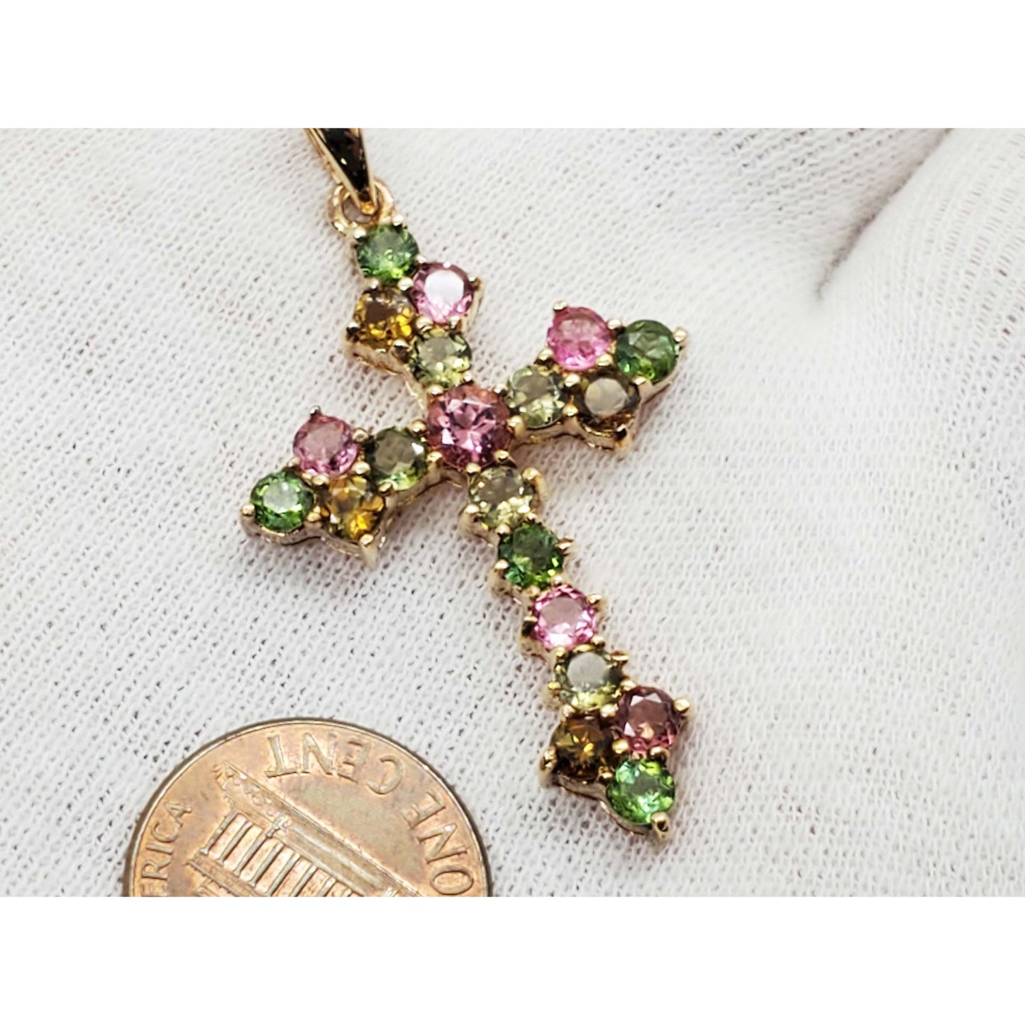 Green Tourmaline Pink Citrine Smoky Topaz Cross Pendant Vermeil Sterling Silver