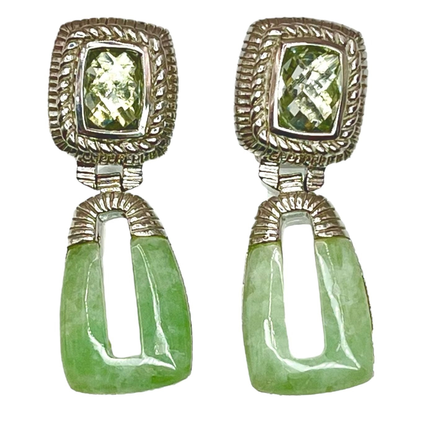 Judith Ripka 925 Sterling Silver Prasiolite and Jade Drop Dangle Earrings Formal