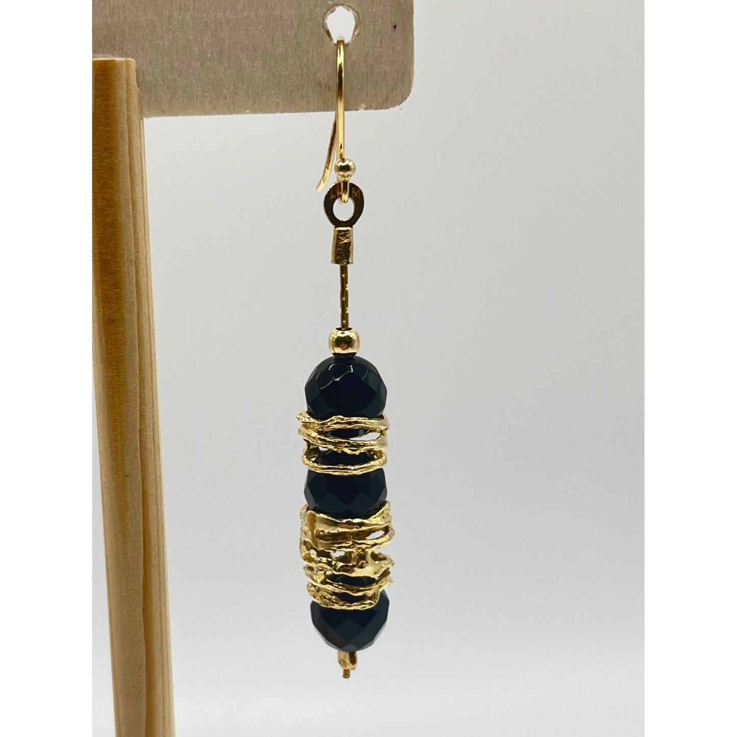 925 Sterling Silver Gold Layered Black Beaded Gold Wrap Dangle Earrings Formal