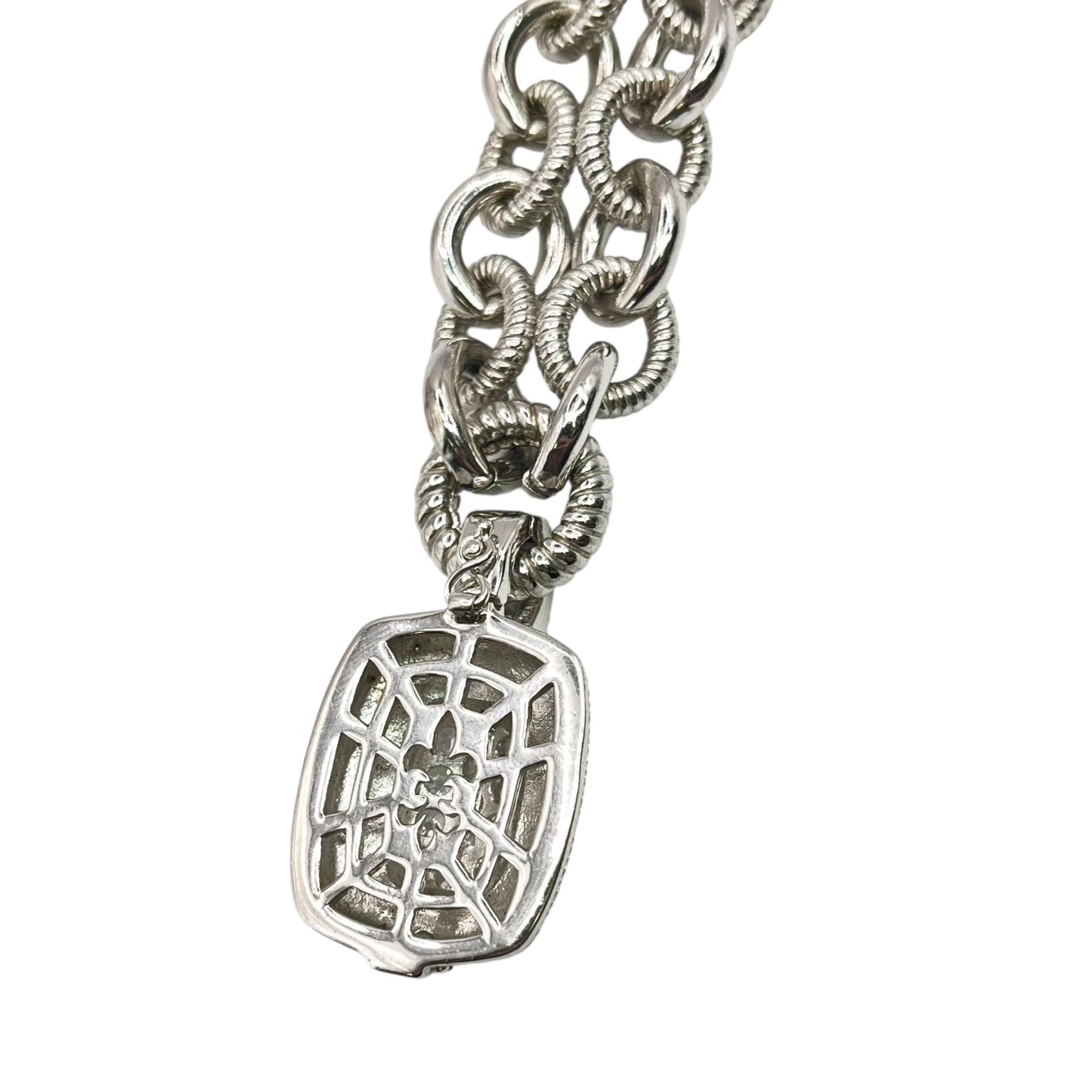 Judith Ripka Sterling Silver Textured Link Chain Rectangle Pendant CZ Classic