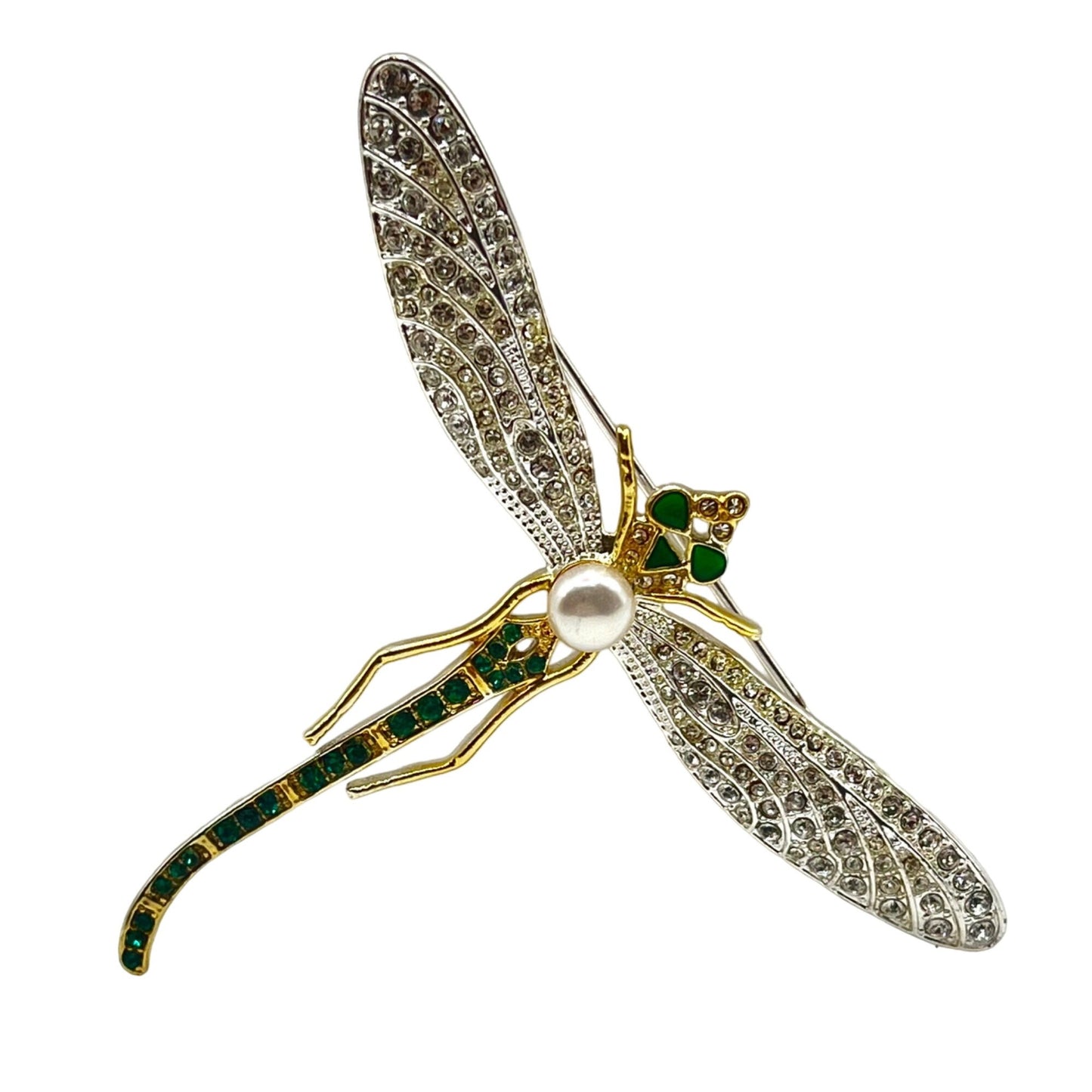 MMA Museum of Modern Art Gold Tone Dragonfly Brooch Pearl Rhinestones Green