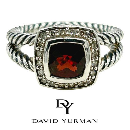 David Yurman Petite Albion Ring Sterling Silver with Garnet and Diamonds, Size 7