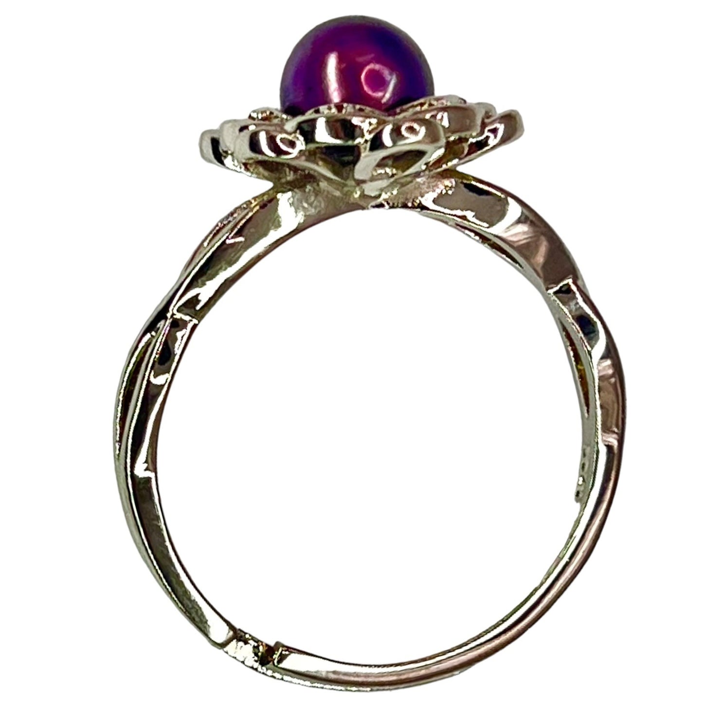 Sterling Silver Burgundy Dyed Freshwater Pearl Adjustable Ring CZ Accent Flower