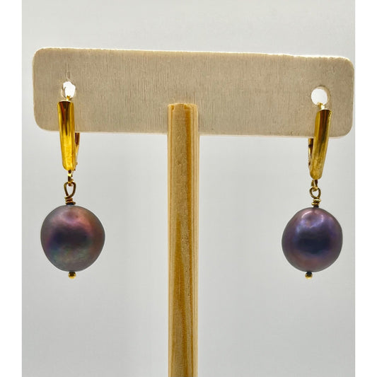 925 Sterling Silver Gold Layered Faux Peacock Pearl Dangle Drop Earrings